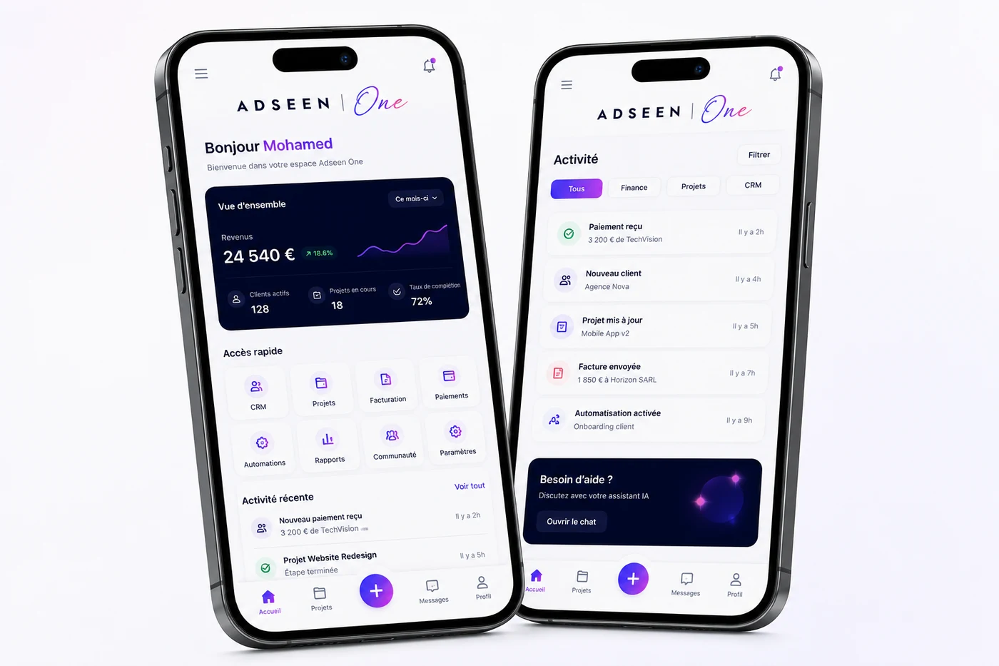 Application mobile Adseen One sur deux iPhone : tableau de bord avec revenus et accès rapides, et fil d'activité avec assistant IA.