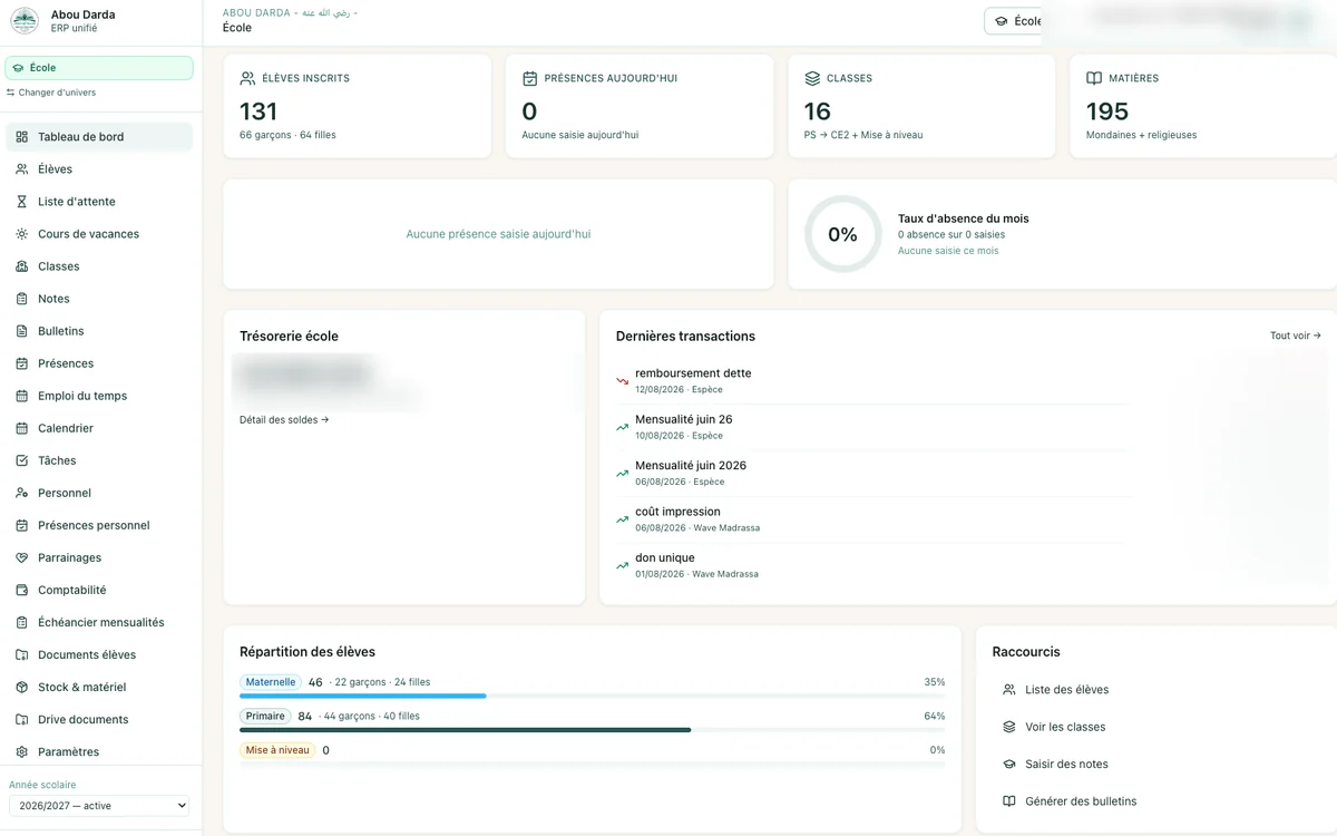 ERP scolaire : élèves, classes, notes, bulletins et trésorerie, développé par Adseen