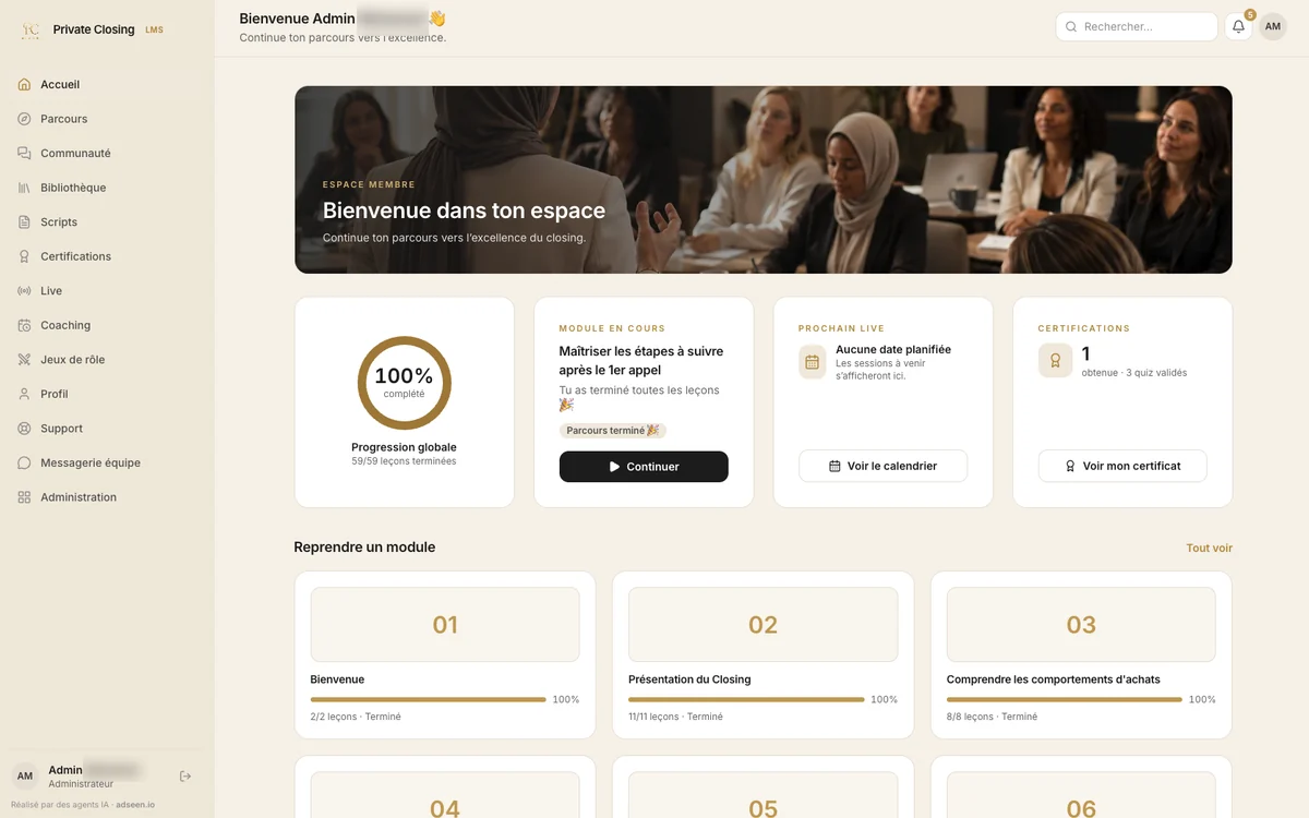 Académie de vente : parcours, coaching et jeux de rôle, développée par Adseen