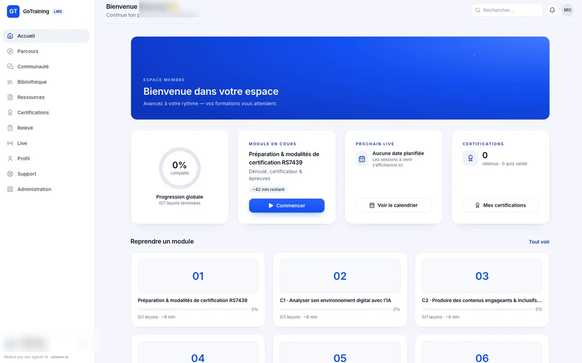 Espace apprenant d'un organisme de formation certifié Qualiopi, développé par Adseen